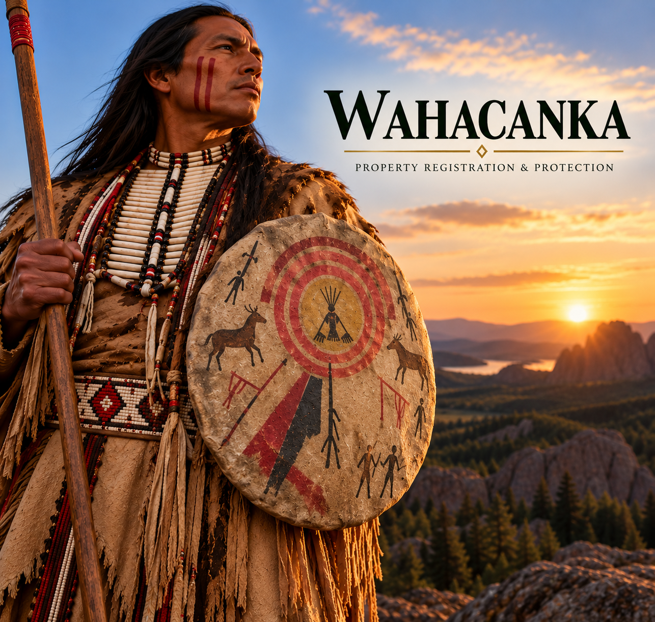 Lakota Akíčhita with a fully rawhide-covered circular shield against the sunset